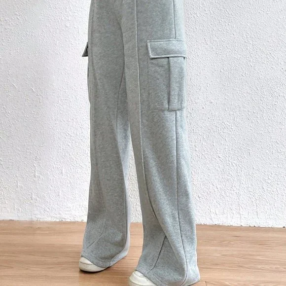 Light Grey Casual Womens Flap Pocket Side Drawstring Waist Sweatpants - Picture 5 of 6